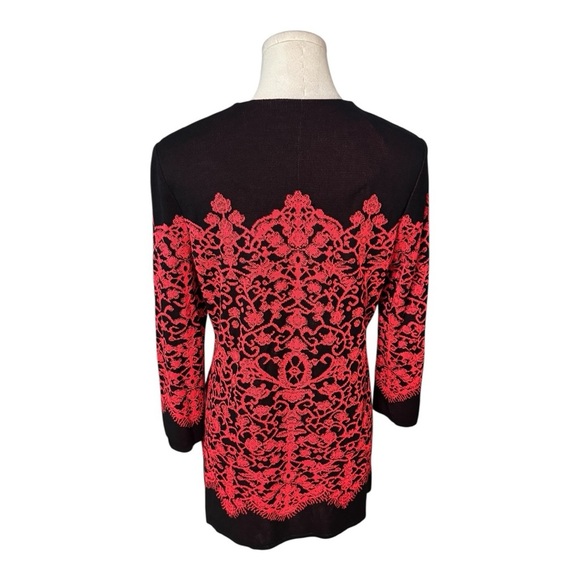MISOOK Lace Print Long Jacket Cardigan Sweater Red‎ Black Size S Button Work - Picture 4 of 9